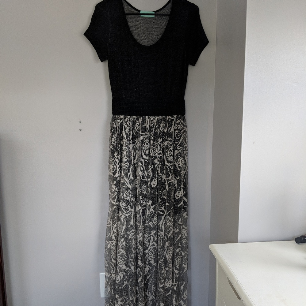 Black Maxi Dress with Gray Floral Overlay